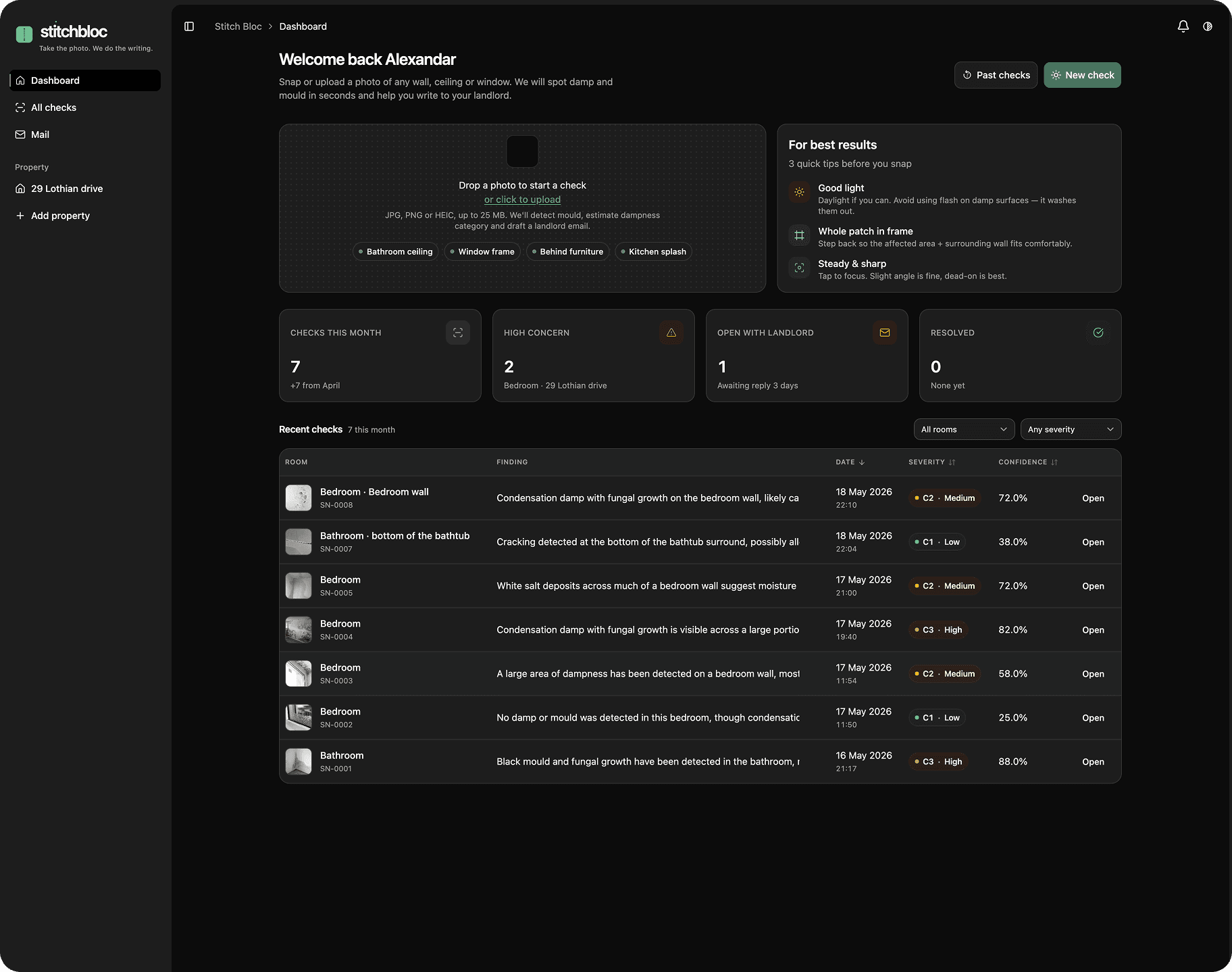 Stitchbloc dashboard showing damp issues across properties